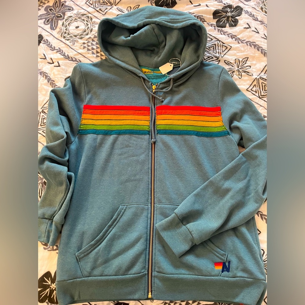 Aviator Nation Women’s zip up hoodie size large rainbow stripes NWT ocean